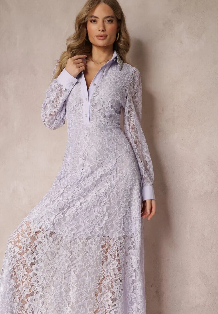 elsa.m by may Rochie Cămașă Violetă Maxi cu Butoane Decorative și Zirconii din Țesătură de Dantelă Armina