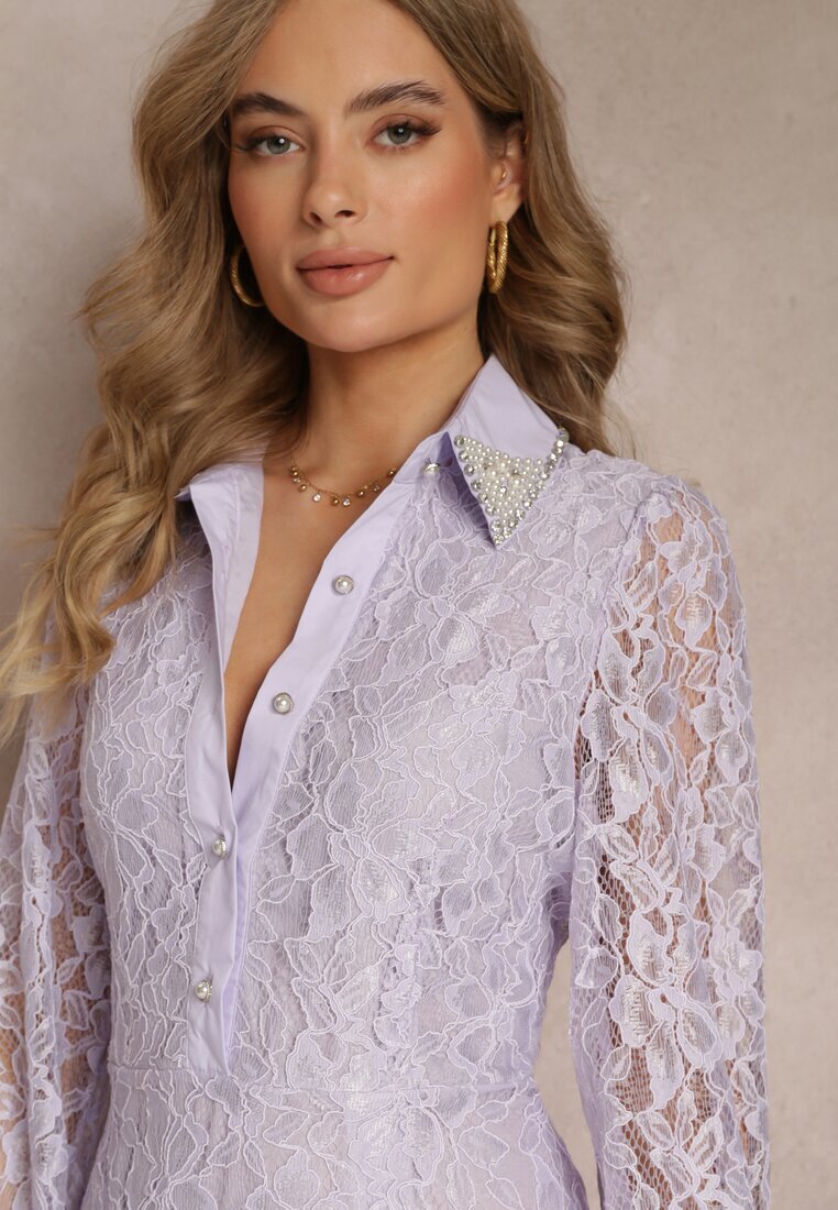 elsa.m by may Rochie Cămașă Violetă Maxi cu Butoane Decorative și Zirconii din Țesătură de Dantelă Armina