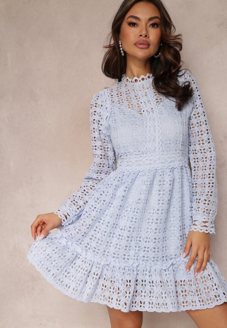 elsa.m by may Rochie Cambrată Albastru deschis cu Dantelă și Volan la bază Kamora