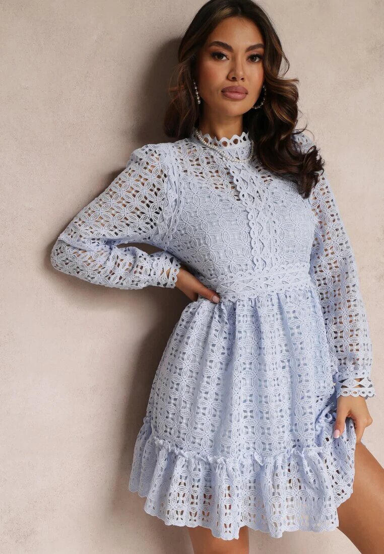 elsa.m by may Rochie Cambrată Albastru deschis cu Dantelă și Volan la bază Kamora