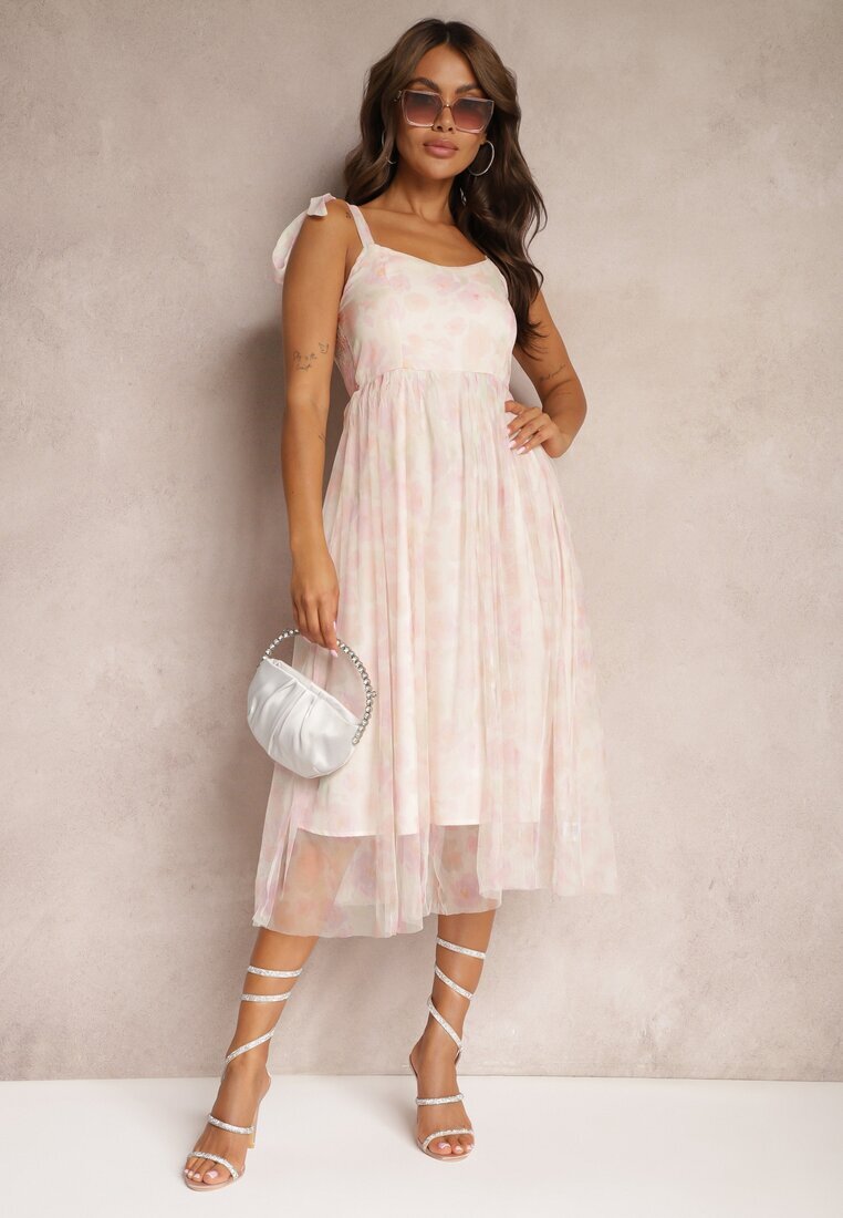 elsa.m by may Rochie cambrată roz florală ornată cu bretele cu legătură Coradea
