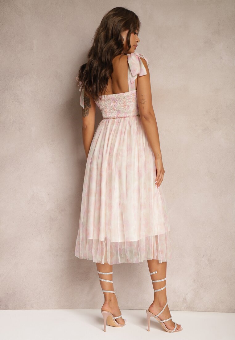 elsa.m by may Rochie cambrată roz florală ornată cu bretele cu legătură Coradea