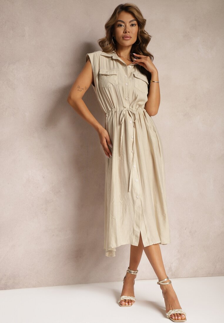 elsa.m by may Rochie camiseră bej din Viscoză fără Mâneci cu Elastic în Talie Noreviana