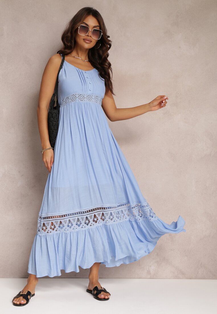 elsa.m by may Rochie Cloș Albastră Maxi cu Volan și Dantelă Luluma