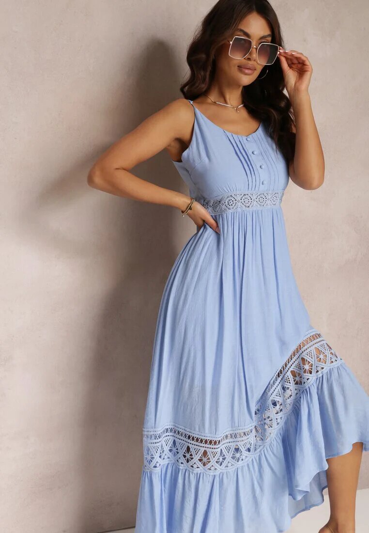 elsa.m by may Rochie Cloș Albastră Maxi cu Volan și Dantelă Luluma