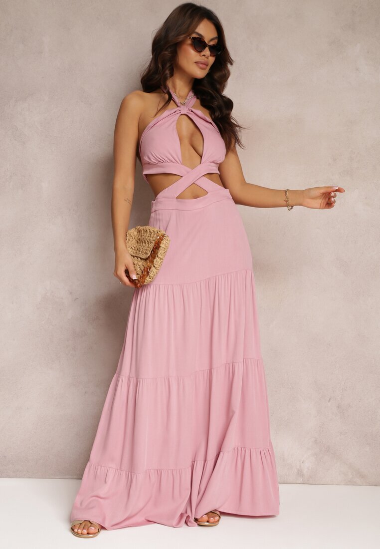 elsa.m by may Rochie Cloș Roz din Viscoză cu Legătură și Decupaje Kailen