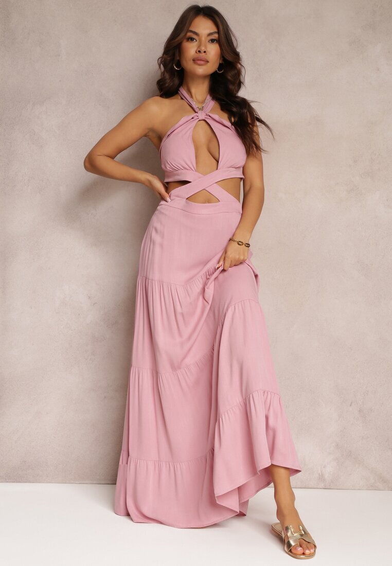 elsa.m by may Rochie Cloș Roz din Viscoză cu Legătură și Decupaje Kailen