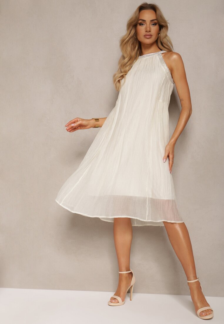 elsa.m by may Rochie de cocktail bej deschis fără mâneci cu perle decorative și volane Hilalia