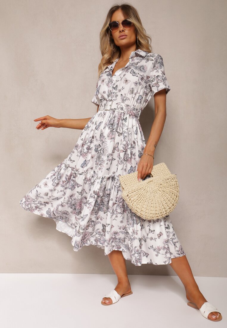 elsa.m by may Rochie de cocktail cloș Alb-Gri cu curea decorată cu cataramă și elastic în talie Vimalinne