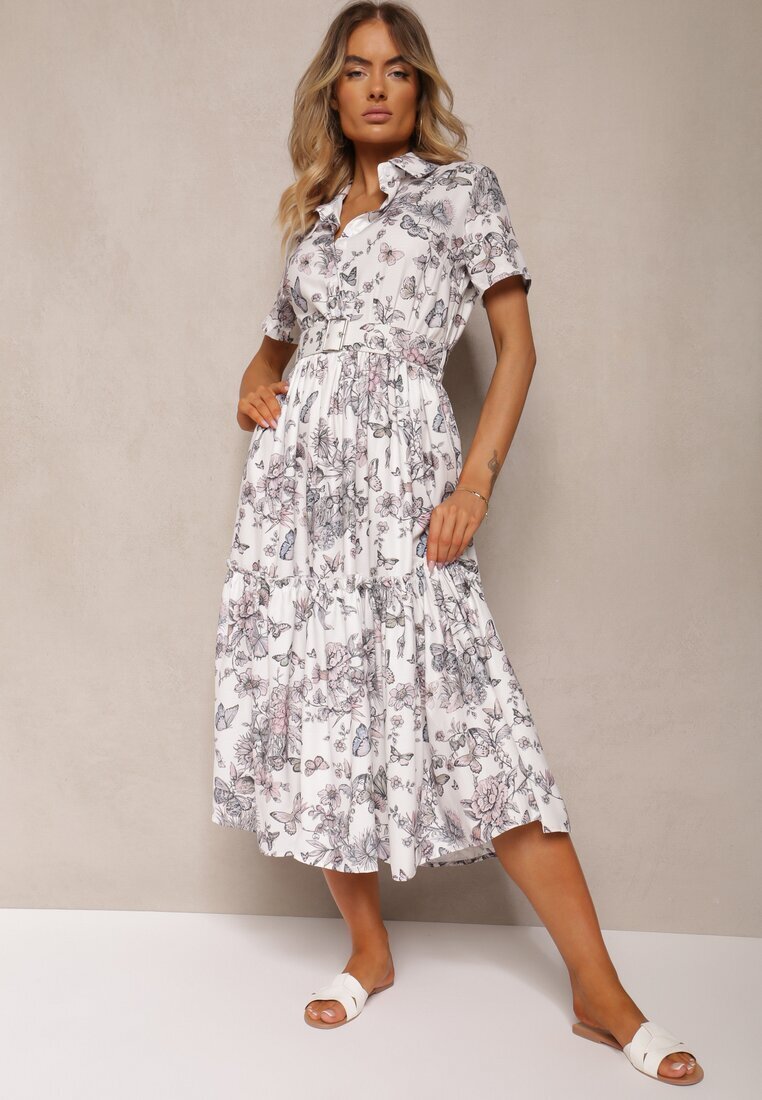 elsa.m by may Rochie de cocktail cloș Alb-Gri cu curea decorată cu cataramă și elastic în talie Vimalinne