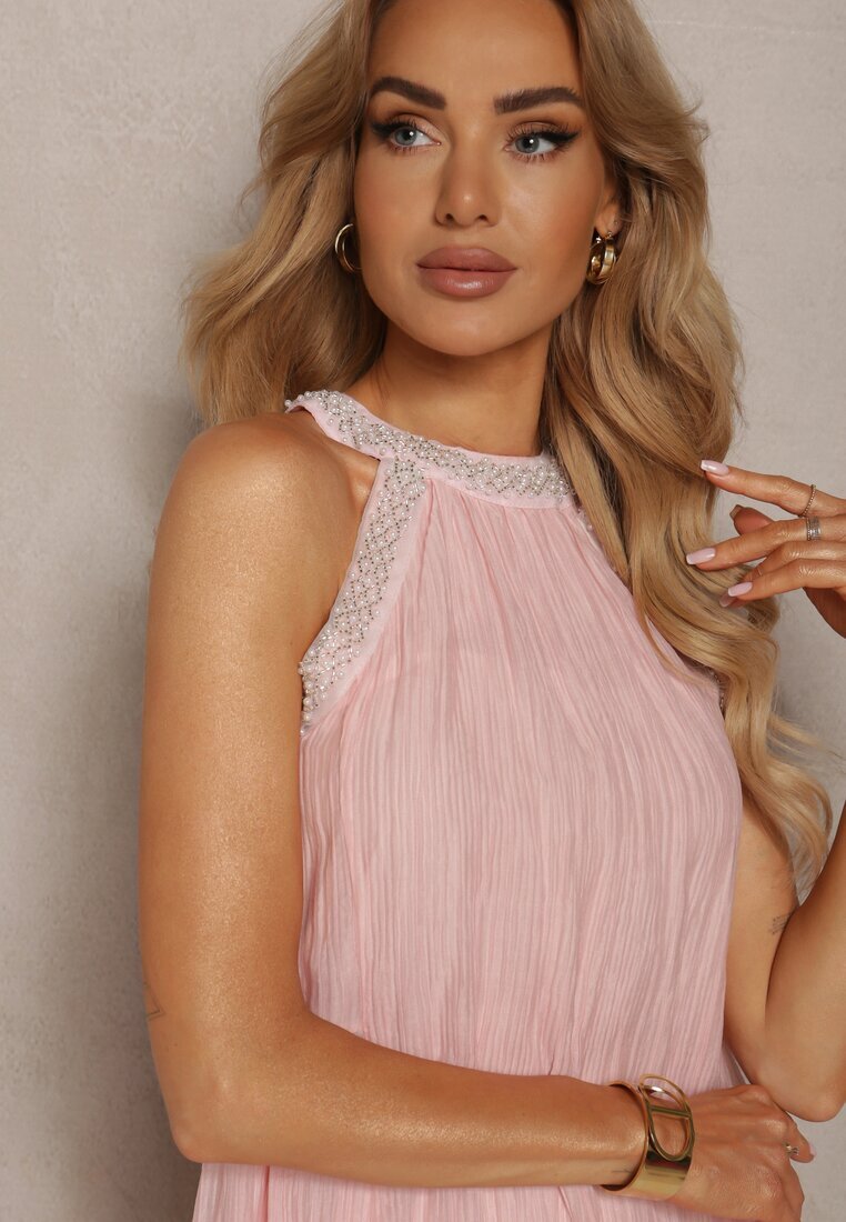 elsa.m by may Rochie de cocktail roz fără mâneci cu perle decorative și volane Hilalia