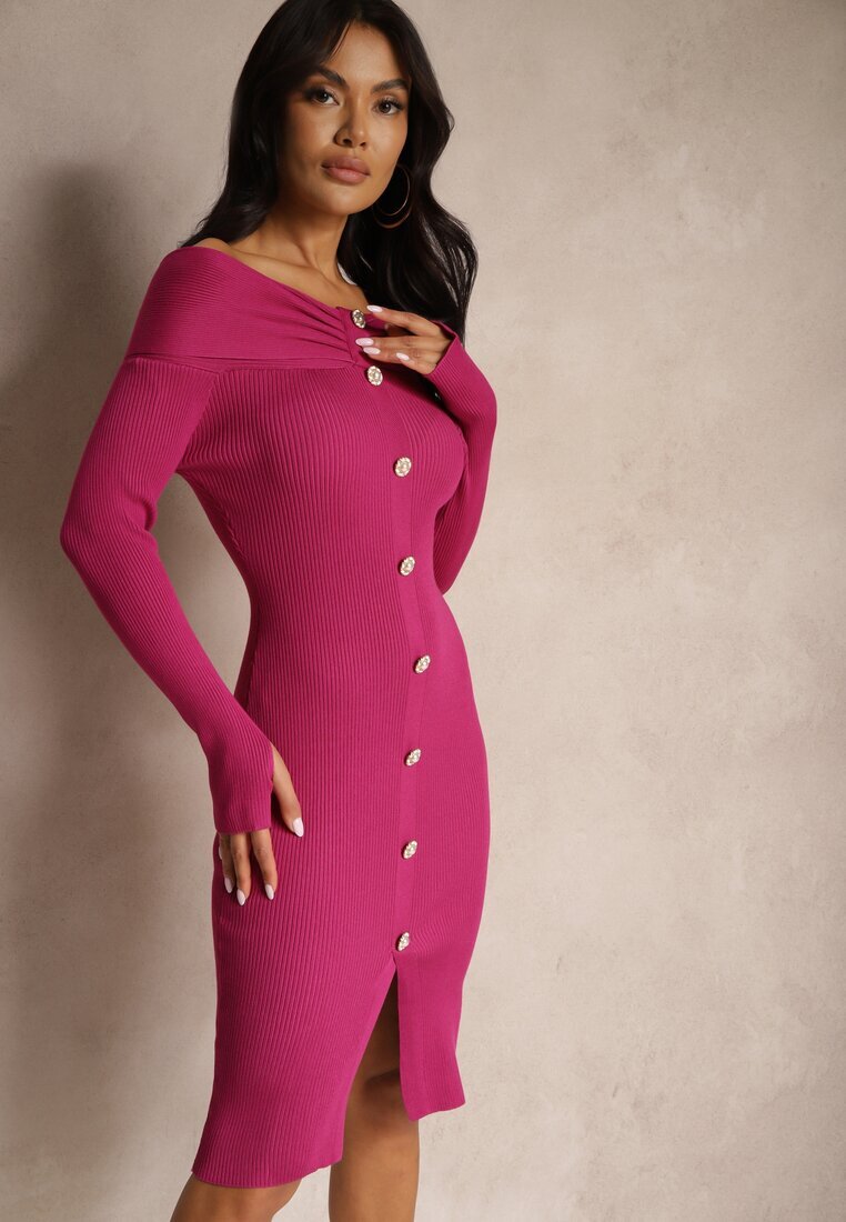 elsa.m by may Rochie de cocktail tip pulover Fucsia cu viscoză decorată cu decupaj pentru degetul mare și nasturi Yasedi