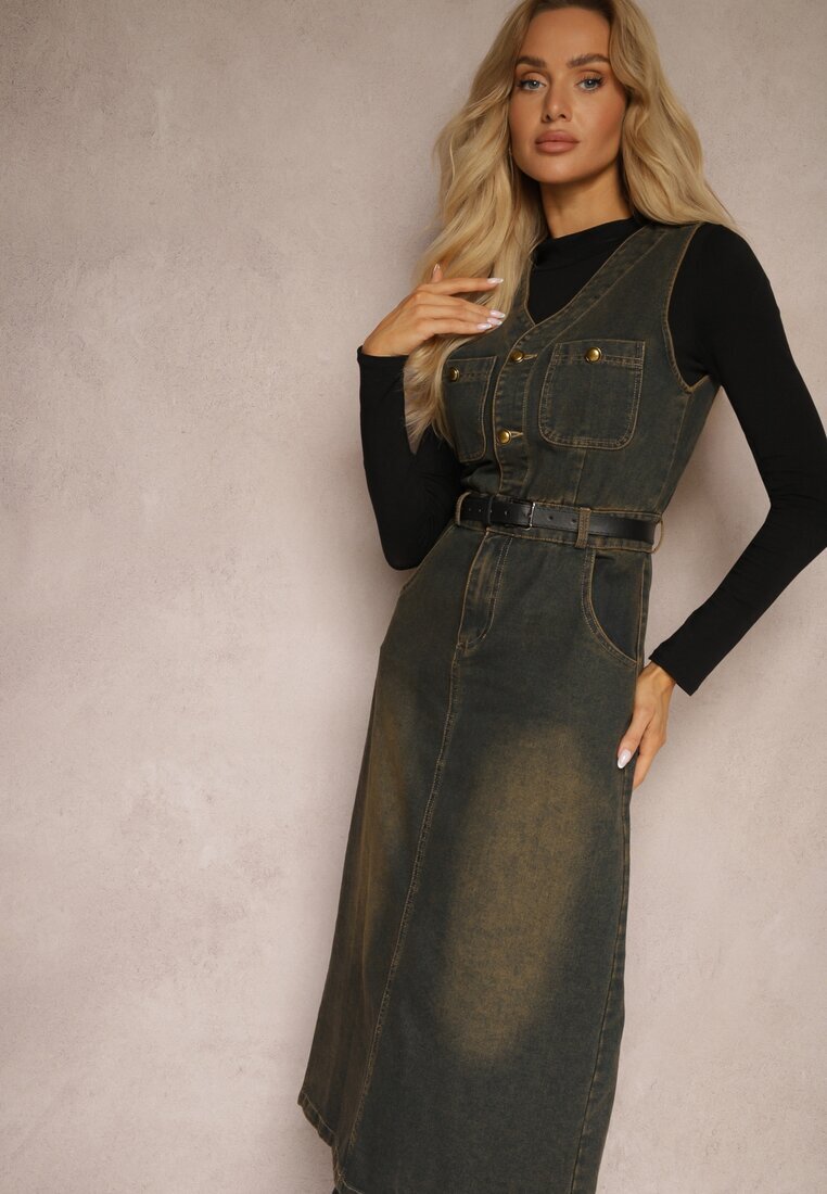elsa.m by may Rochie Denim Bleumarin cu curea din imitație de piele și șliț cu fermoar Samicella