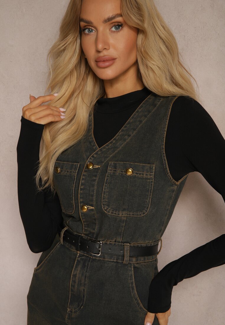 elsa.m by may Rochie Denim Bleumarin cu curea din imitație de piele și șliț cu fermoar Samicella