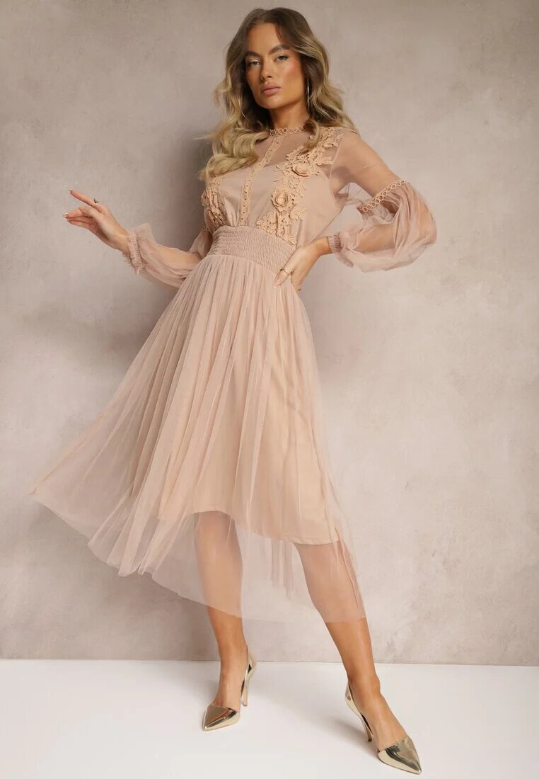 elsa.m by may Rochie din tul bej închis cloș cu dantelă Nirthe