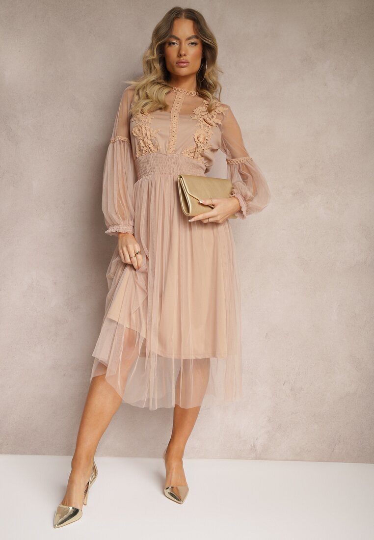 elsa.m by may Rochie din tul bej închis cloș cu dantelă Nirthe