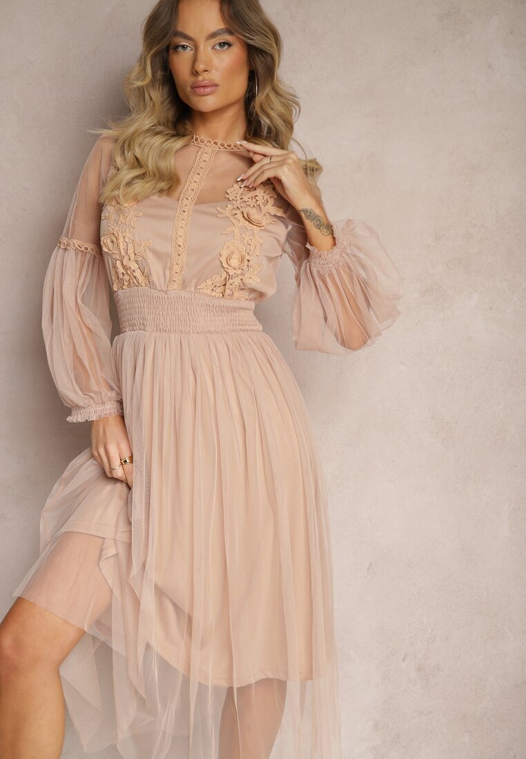 elsa.m by may Rochie din tul bej închis cloș cu dantelă Nirthe