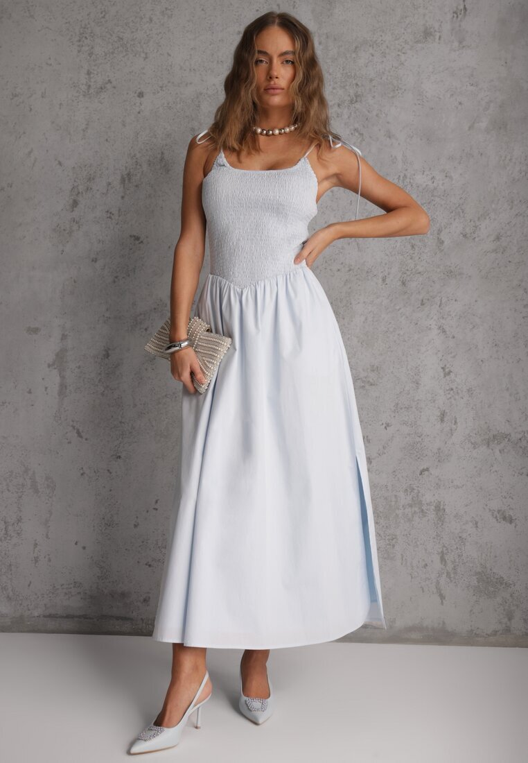elsa.m by may Rochie evazată albastră din bumbac cu elastic la bust și bretele cu legare Omphoreia