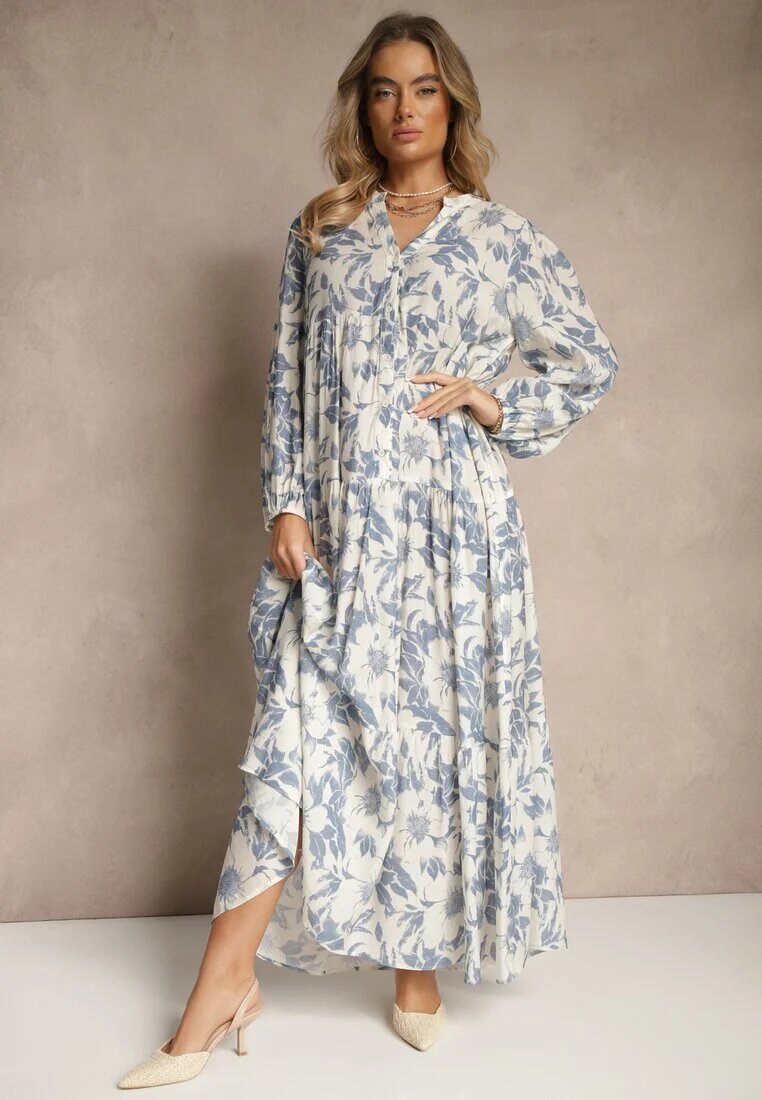 elsa.m by may Rochie Evazată Albastră din Bumbac cu Imprimeu Floral Efalora