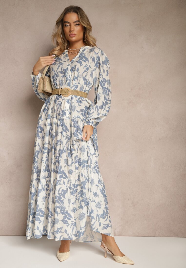elsa.m by may Rochie Evazată Albastră din Bumbac cu Imprimeu Floral Efalora