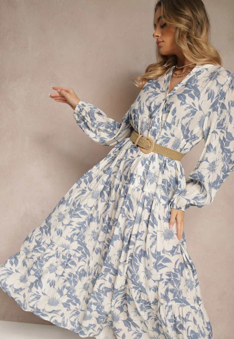 elsa.m by may Rochie Evazată Albastră din Bumbac cu Imprimeu Floral Efalora