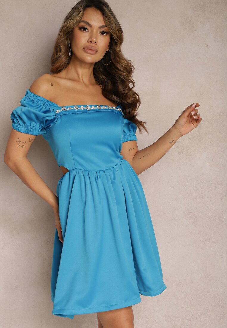 elsa.m by may Rochie Evazată Albastră Mini cu Decupaje Laterale și Zirconii la Decolteu Erelasia