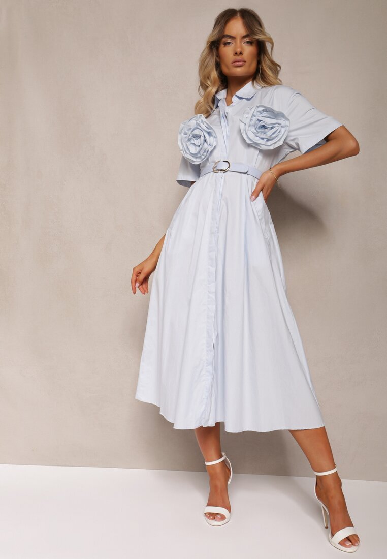 elsa.m by may Rochie Evazată Albastru deschis din Bumbac cu Flori pe Mâneci și Curea în Talie Andronea