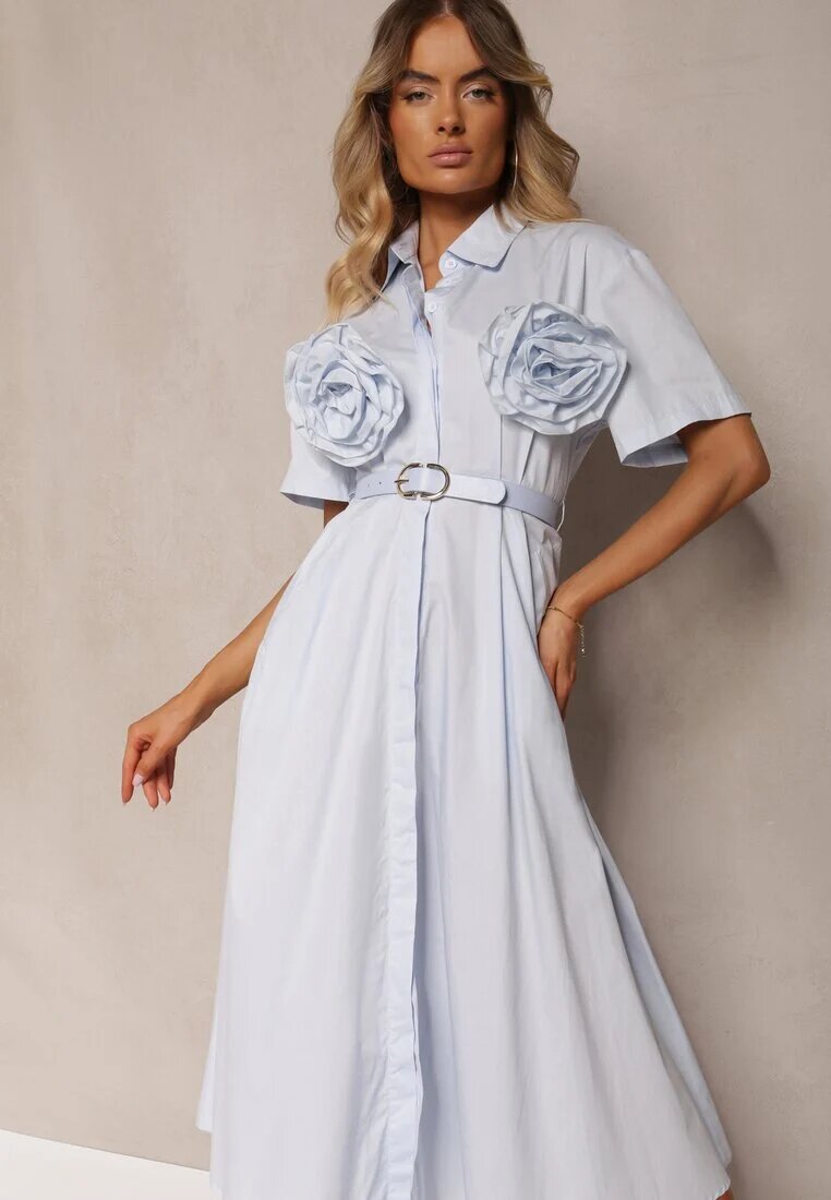 elsa.m by may Rochie Evazată Albastru deschis din Bumbac cu Flori pe Mâneci și Curea în Talie Andronea
