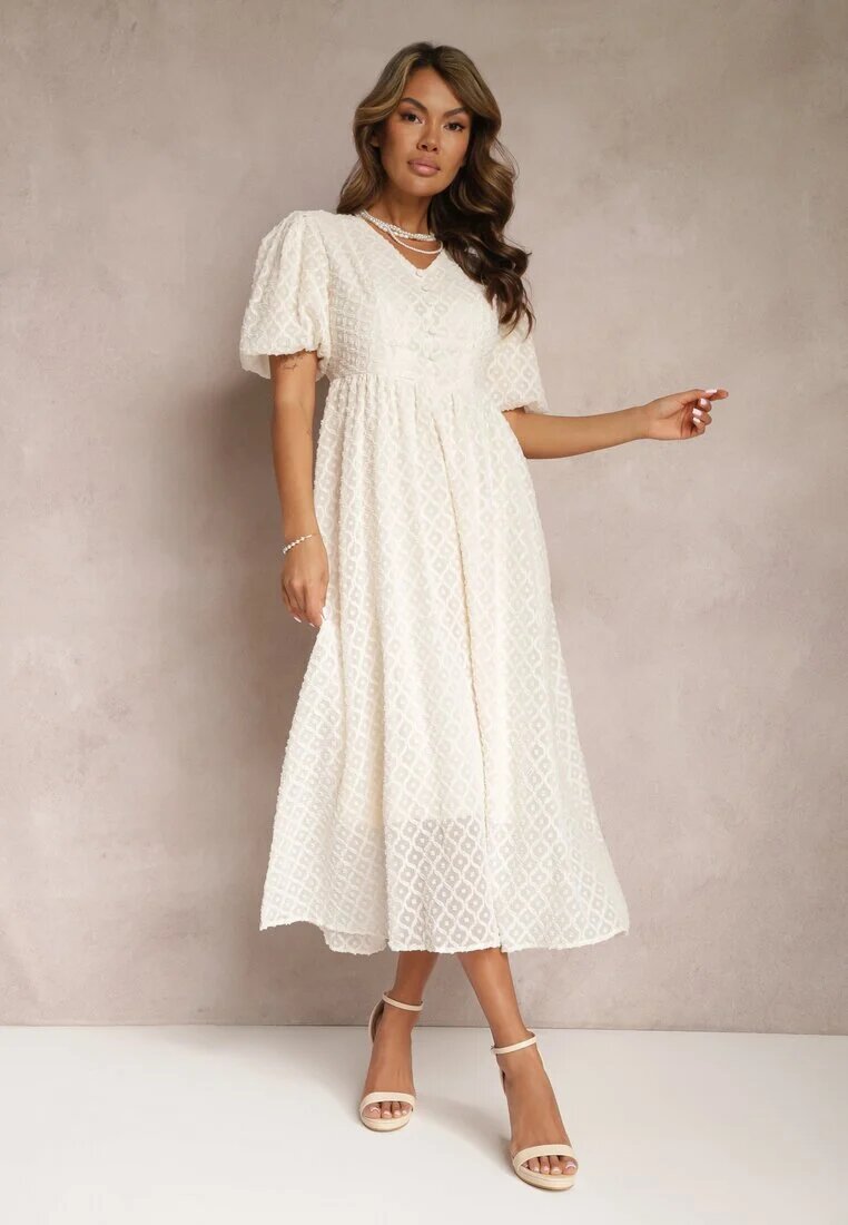 elsa.m by may Rochie evazată bej brodată maxi cu mânecă scurtă Garneta