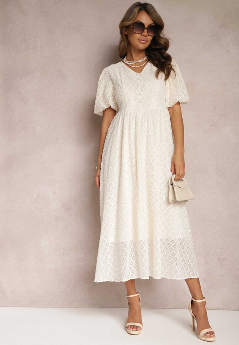 elsa.m by may Rochie evazată bej brodată maxi cu mânecă scurtă Garneta
