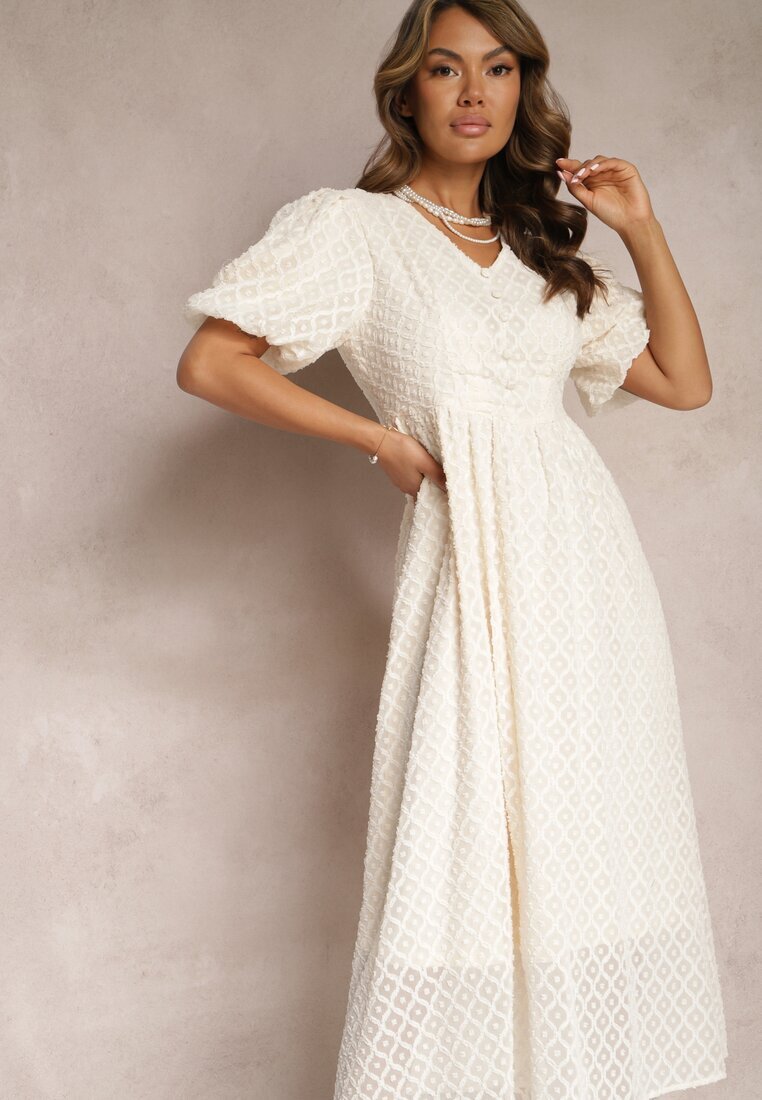 elsa.m by may Rochie evazată bej brodată maxi cu mânecă scurtă Garneta