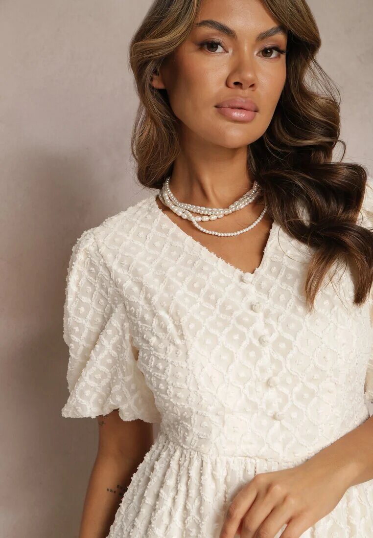 elsa.m by may Rochie evazată bej brodată maxi cu mânecă scurtă Garneta
