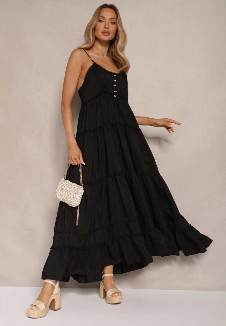 elsa.m by may Rochie Evazată Neagră cu bretele subțiri din Vâscoză și Bumbac Mimilia