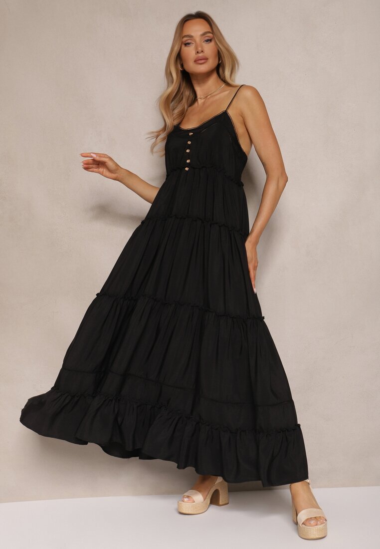 elsa.m by may Rochie Evazată Neagră cu bretele subțiri din Vâscoză și Bumbac Mimilia
