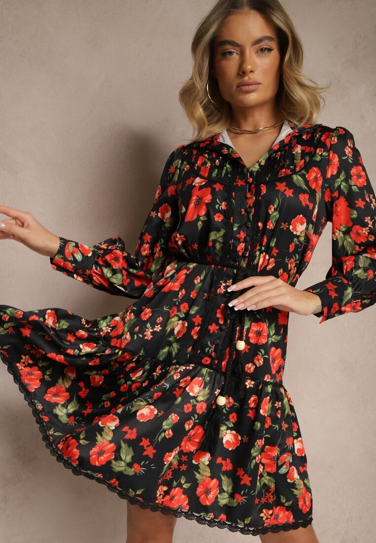 elsa.m by may Rochie Evazată Neagră cu Inserții de Dantelă și Șnur Payten