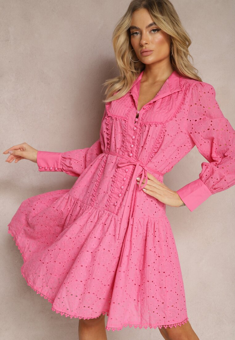 elsa.m by may Rochie Fucsia Decorată cu Broderie și Nasturi de Perle cu Guler Înalt Wialon