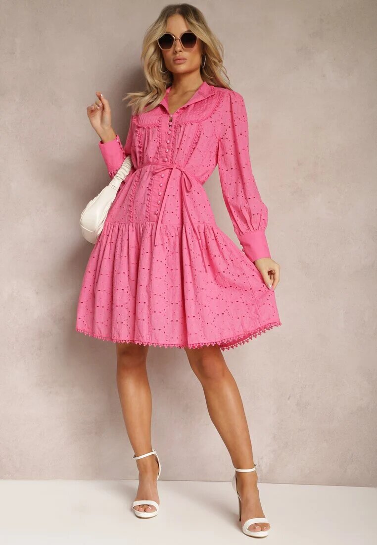 elsa.m by may Rochie Fucsia Decorată cu Broderie și Nasturi de Perle cu Guler Înalt Wialon