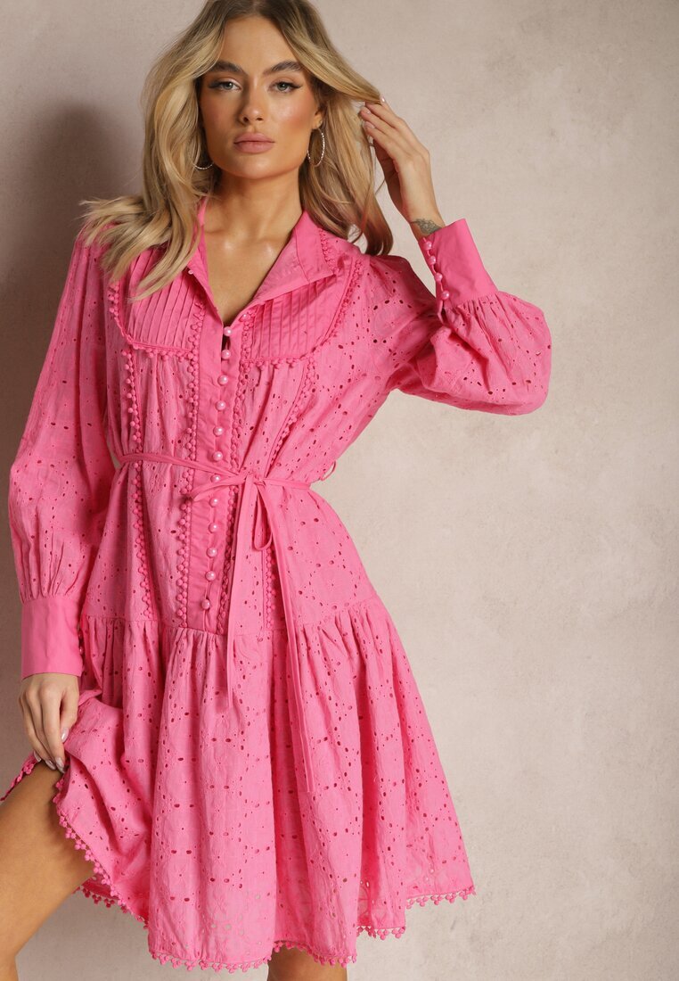elsa.m by may Rochie Fucsia Decorată cu Broderie și Nasturi de Perle cu Guler Înalt Wialon