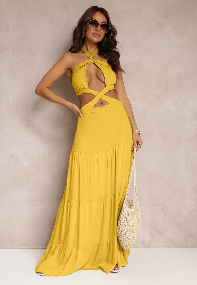 elsa.m by may Rochie Galbenă Cloche din Vâscoză cu Legătură și Decupaje Kailen