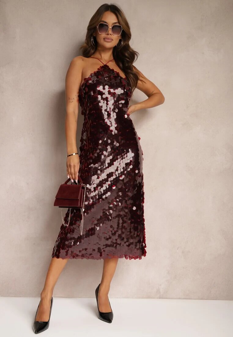 elsa.m by may Rochie grena paietată cu croială asimetrică cu legătură decorativă la spate Leriseli