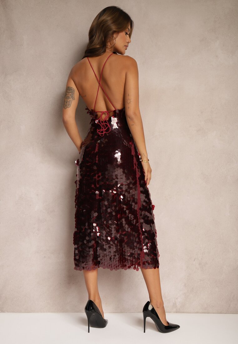 elsa.m by may Rochie grena paietată cu croială asimetrică cu legătură decorativă la spate Leriseli