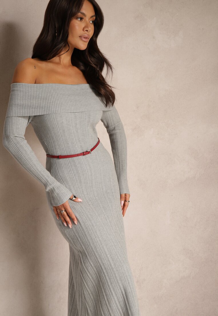 elsa.m by may Rochie Gri cu Vâscoză Decorată cu Decolteu rasfrânt Siarielis