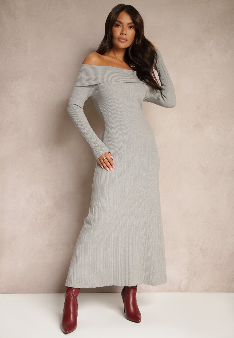 elsa.m by may Rochie Gri cu Vâscoză Decorată cu Decolteu rasfrânt Siarielis