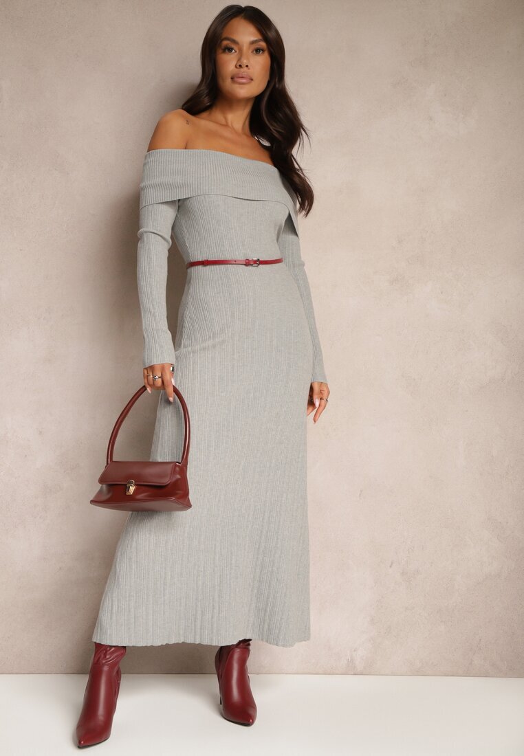 elsa.m by may Rochie Gri cu Vâscoză Decorată cu Decolteu rasfrânt Siarielis