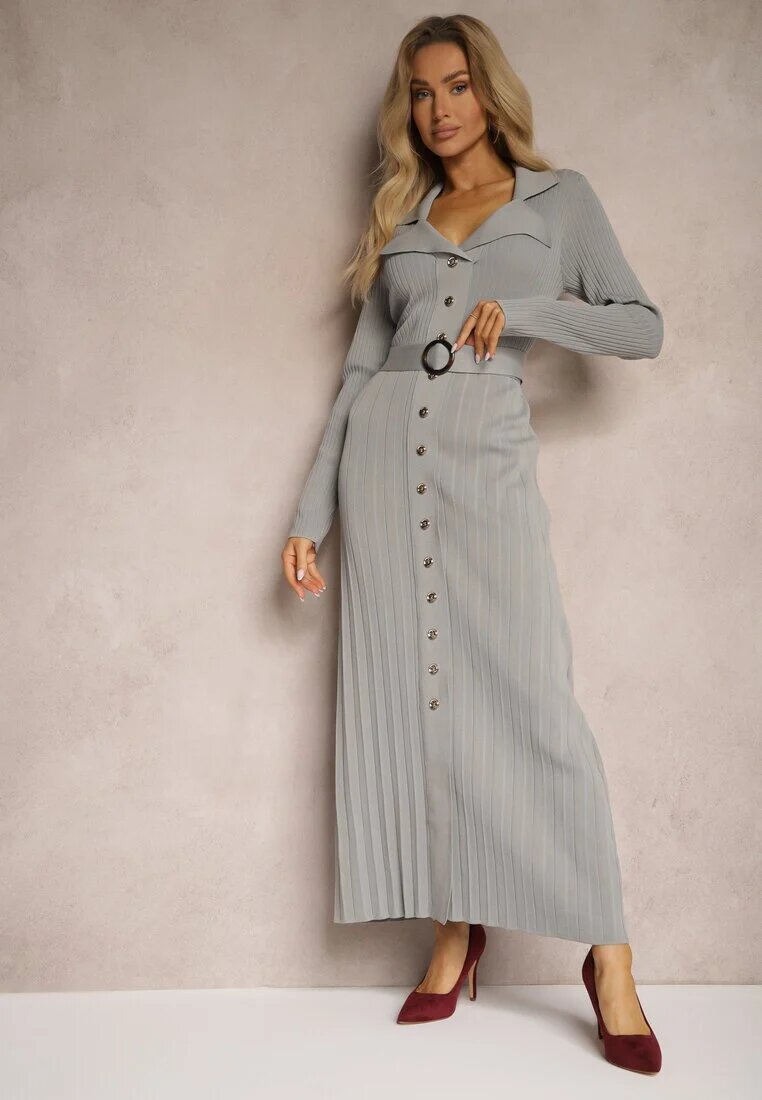 elsa.m by may Rochie Gri Plisată din Tricot de Viscoză cu Buzunare și Curea Cetida