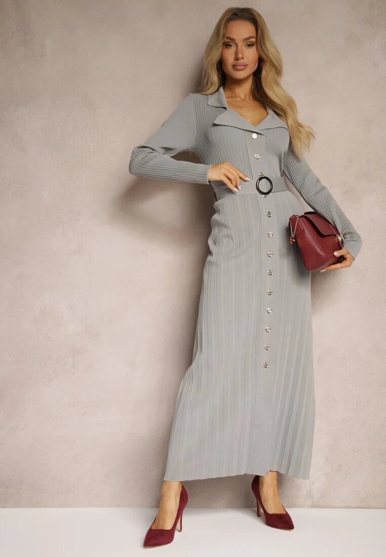 elsa.m by may Rochie Gri Plisată din Tricot de Viscoză cu Buzunare și Curea Cetida