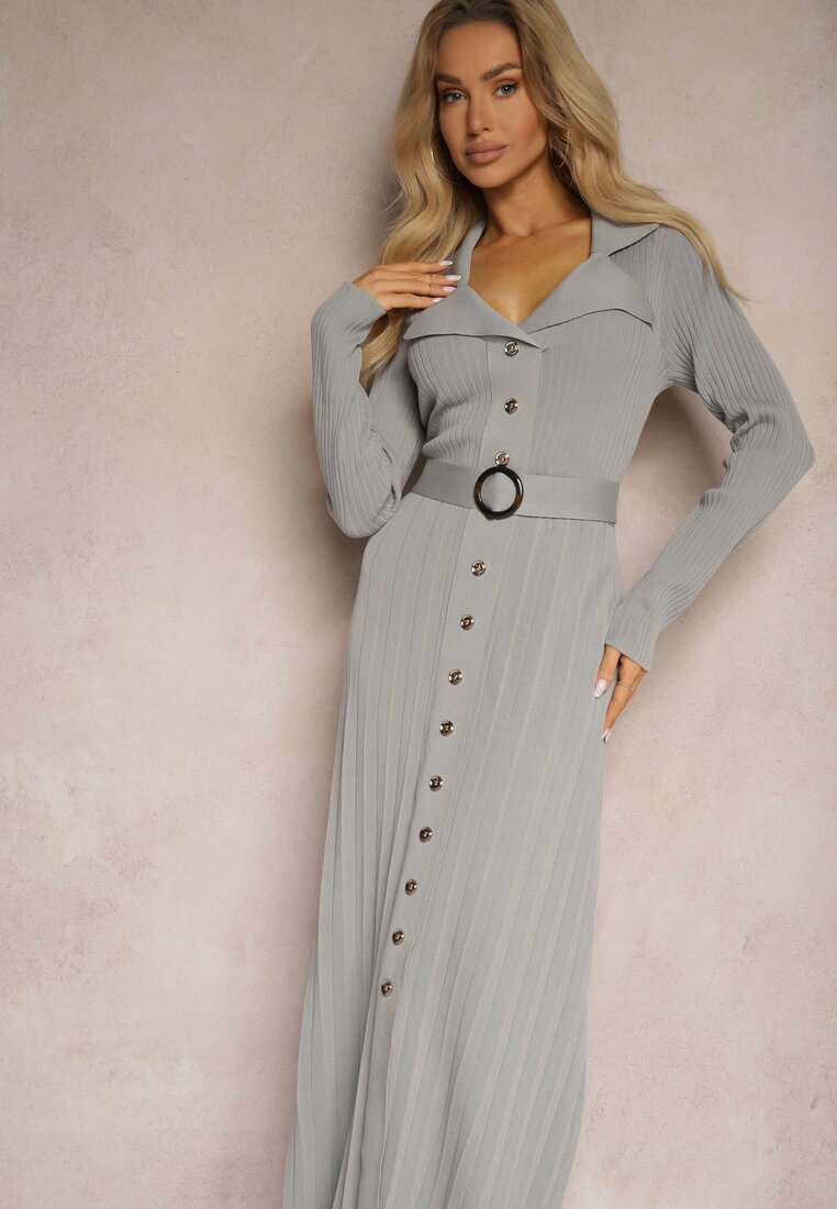 elsa.m by may Rochie Gri Plisată din Tricot de Viscoză cu Buzunare și Curea Cetida