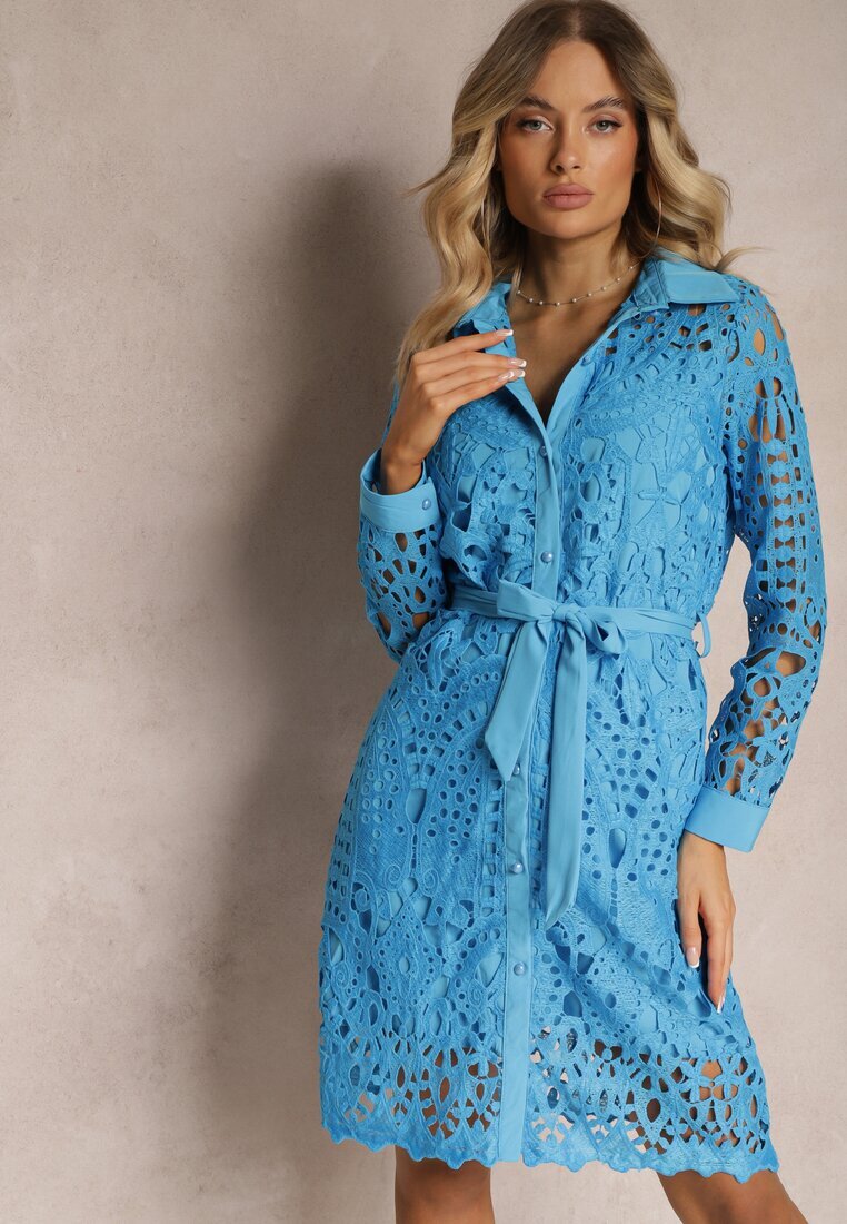 elsa.m by may Rochie Koszulowa Mini Albastră din dantelă ajurată și cu centură Norila