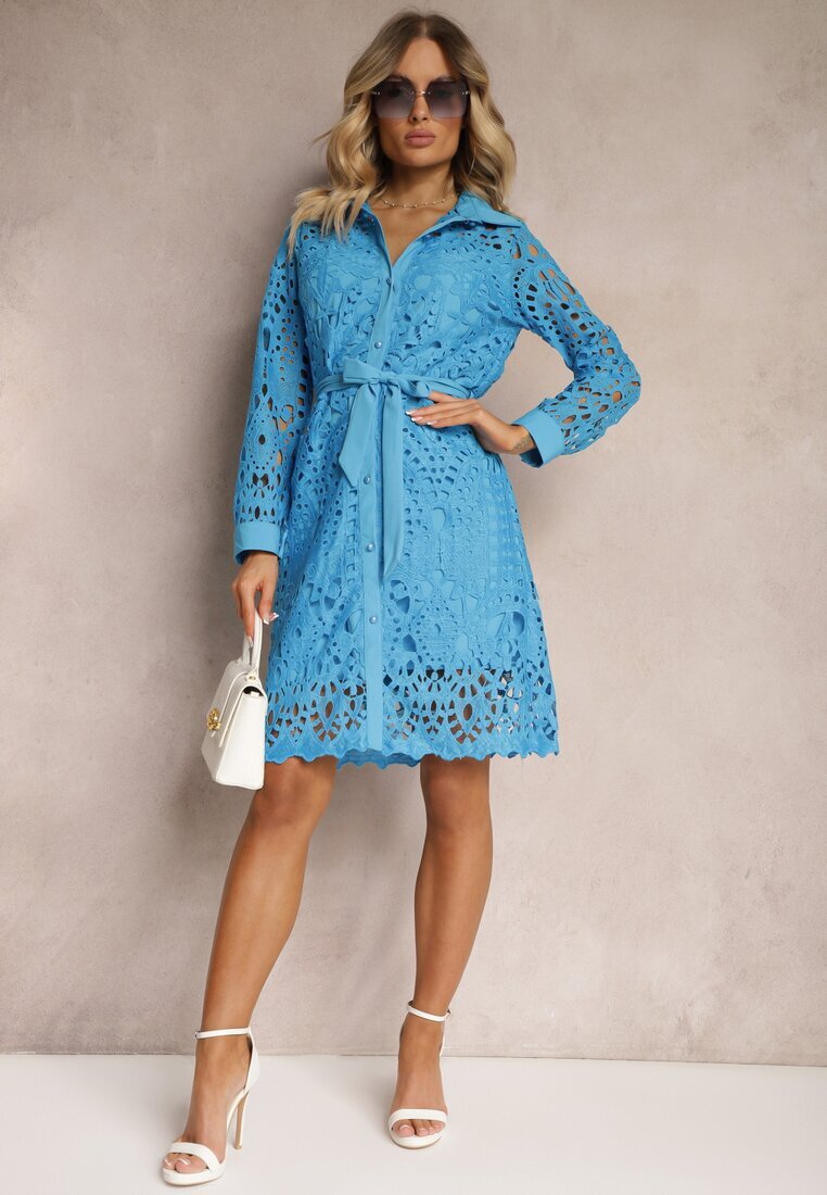 elsa.m by may Rochie Koszulowa Mini Albastră din dantelă ajurată și cu centură Norila