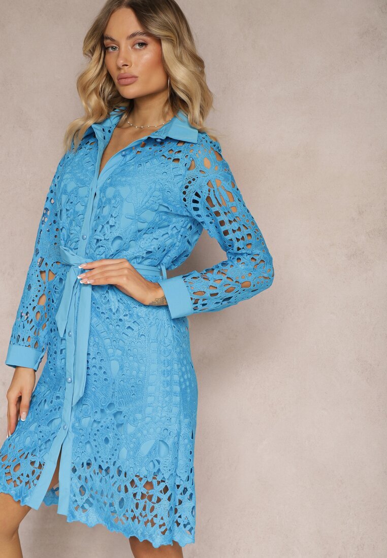 elsa.m by may Rochie Koszulowa Mini Albastră din dantelă ajurată și cu centură Norila